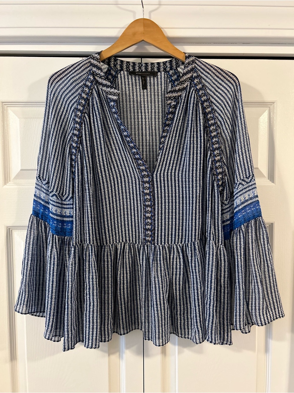 BCBG Women's Navy & White Peplum Blouse with Blue Accent